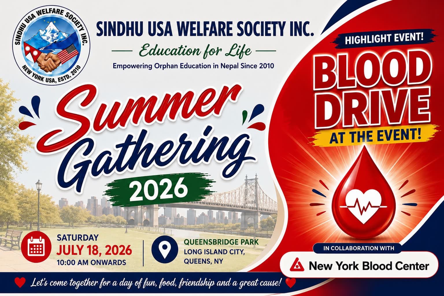 Summer Gathering 2026 poster announcing a blood drive on July 18 at Queensbridge Park